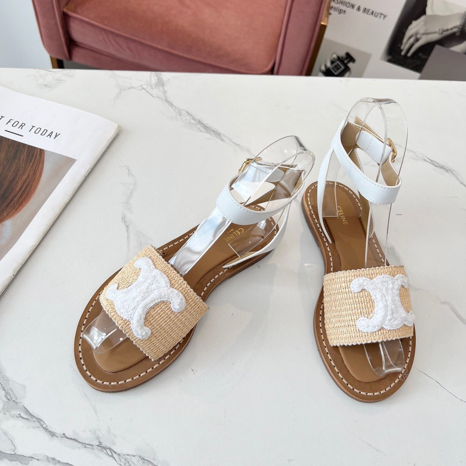 Celine Celine 25C Lympia Sandal Beige mix White Fabric with Calfskin 238161