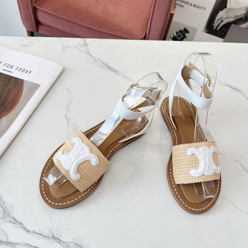 Celine Celine 25C Lympia Sandal Beige mix White Fabric with Calfskin 238161