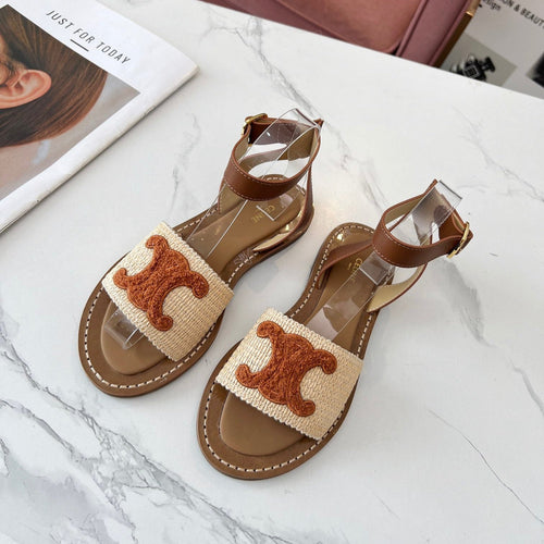 Celine Celine 25C Lympia Sandal Beige mix Brown Fabric with Calfskin 238162