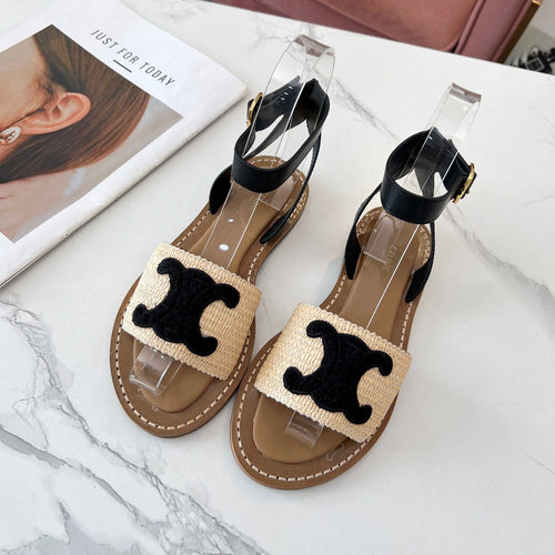 Celine Celine 25C Lympia Sandal Beige mix Black Fabric with Calfskin 238163