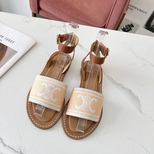 Celine Celine 25C Lympia Sandal Cream with White Canvas with Calfskin 238172