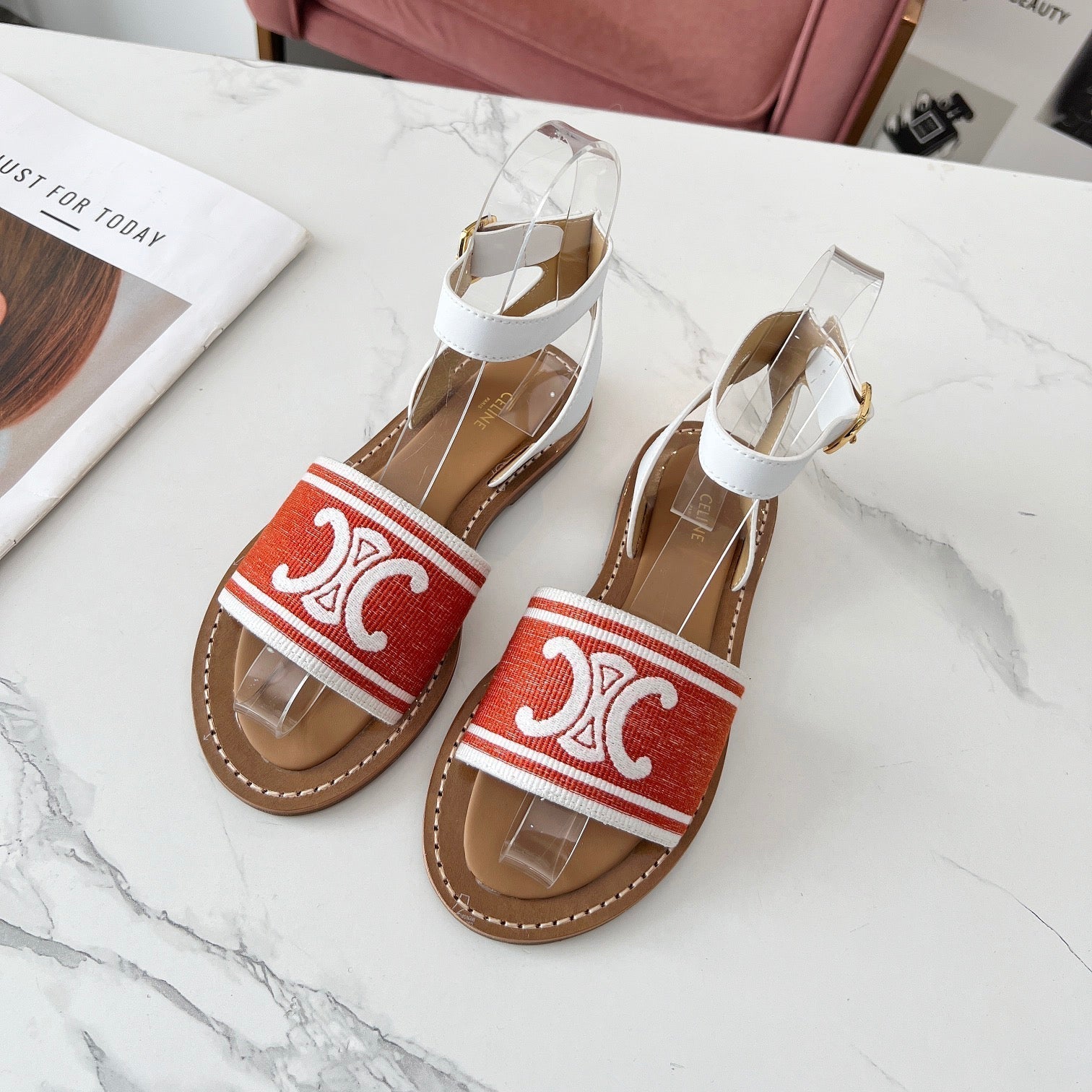 Celine Celine 25C Lympia Sandal Red mix White Canvas with Calfskin 238173