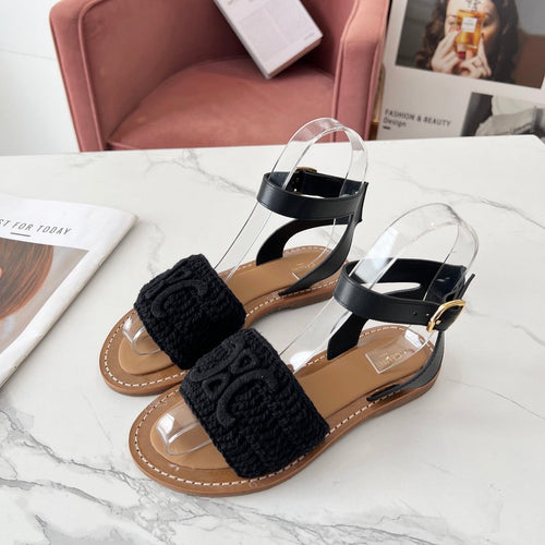 Celine Celine 25C Lympia Sandal Black Fabric with Calfskin 238176
