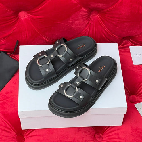 Celine Sandal Flat White Black Canvas