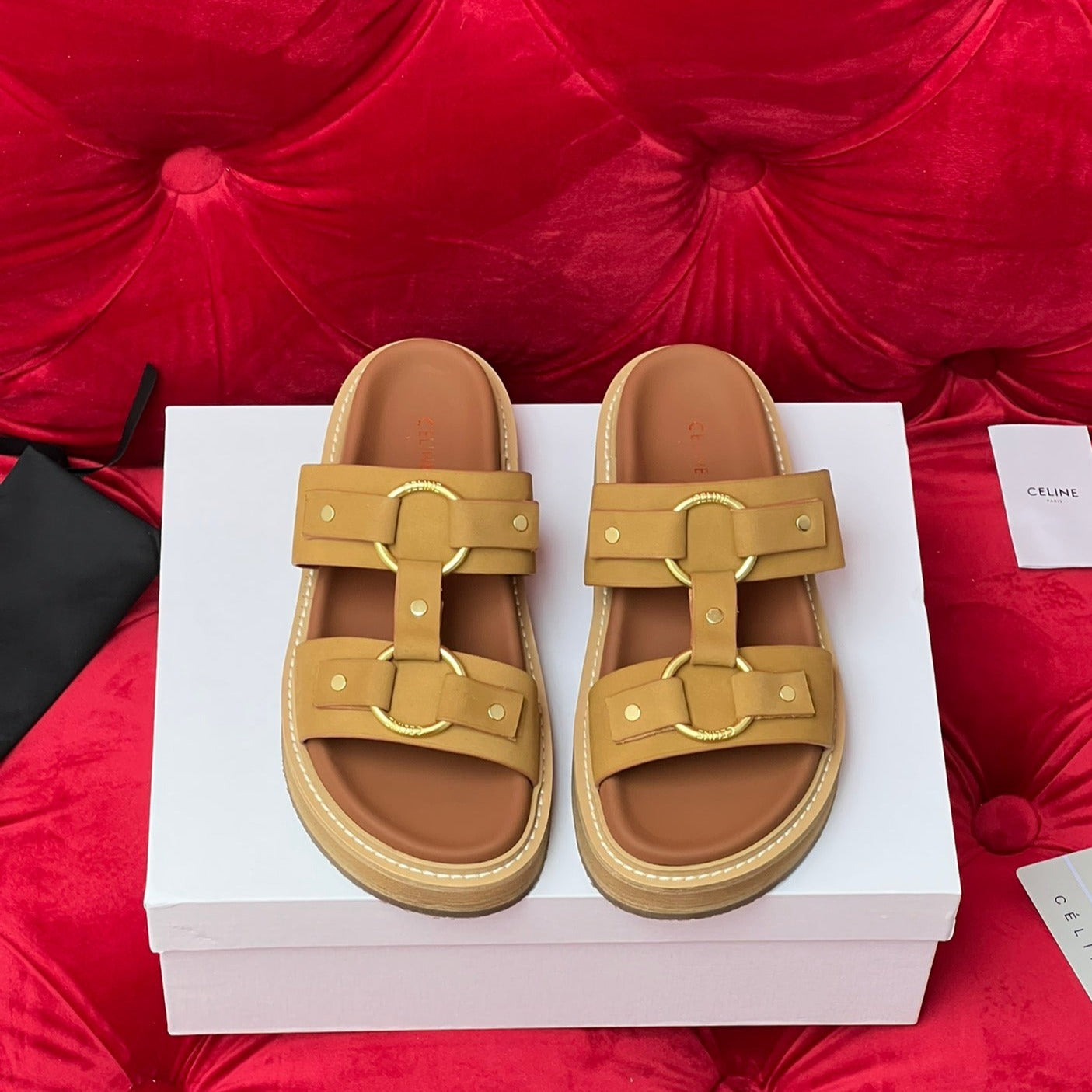 Celine Sandal Flat Bronze Brown Canvas