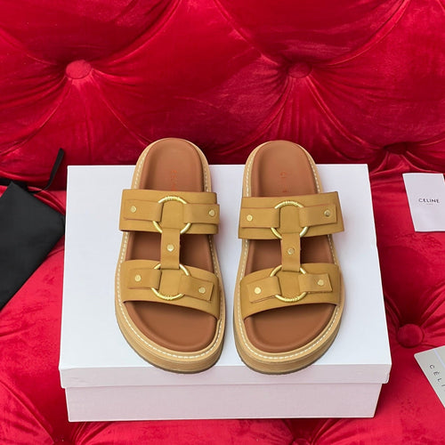 Celine Sandal Flat Bronze Brown Canvas