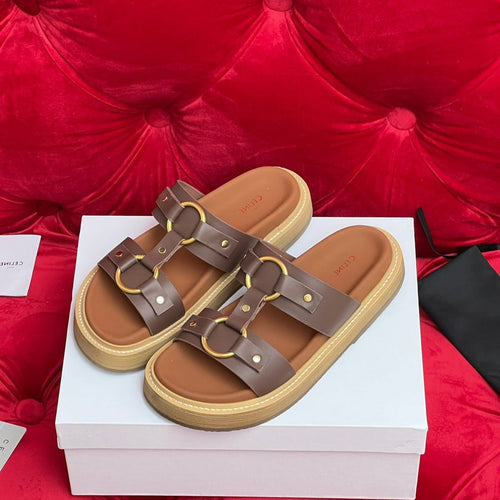 Celine Sandal Flat Chocolate Brown Canvas