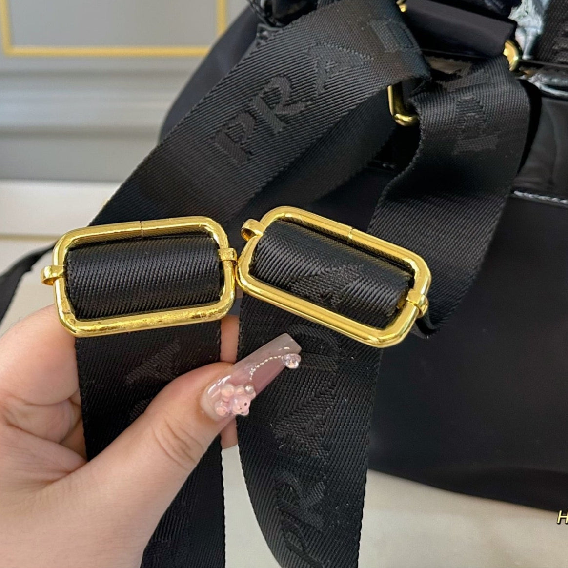 BACKPACK 30 IN BLACK RE-NYLON AND PATENT CALFSKIN GOLD HARDWARE