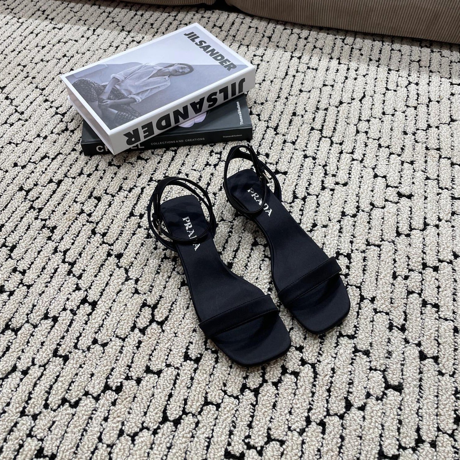 PRADA TRIANGLE HEEL SATIN SANDALS BLACK