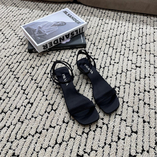 PRADA TRIANGLE HEEL SATIN SANDALS BLACK