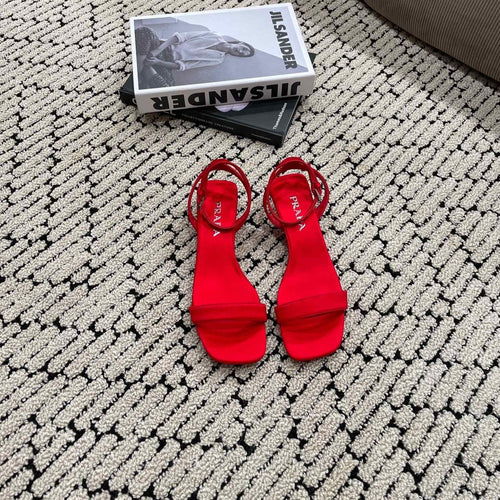 PRADA TRIANGLE HEEL SATIN SANDALS CRIMSON