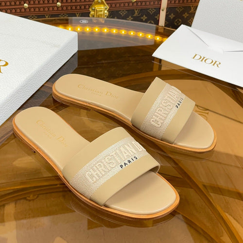 DIOR slide beige calfskin embroidered cotton