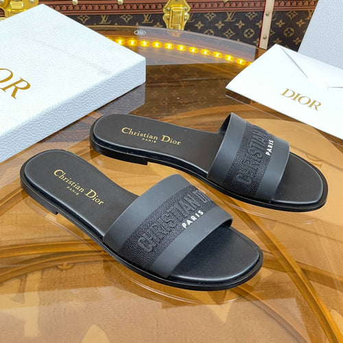DIOR slide black calfskin embroidered cotton