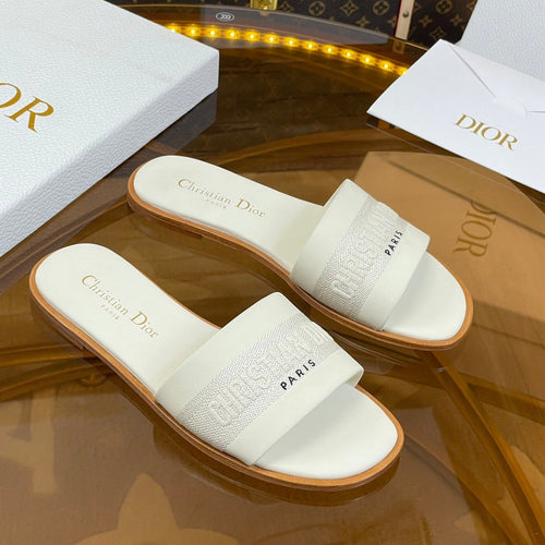 DIOR slide white calfskin embroidered cotton