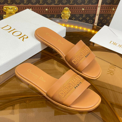 DIOR slide camel calfskin embroidered cotton