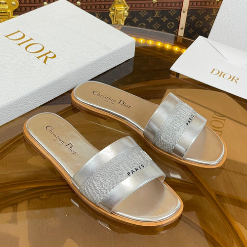 DIOR slide silver metalic calfskin embroidered cotton