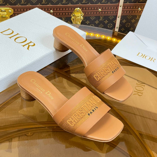 DIOR slide 45 camel calfskin embroidered cotton