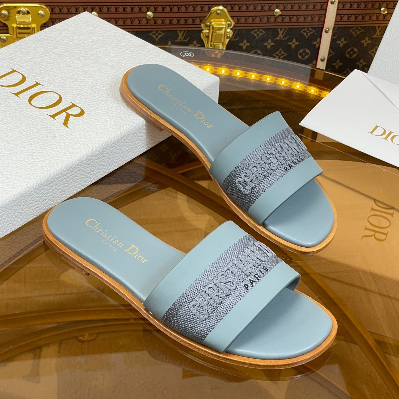 DIOR slide pastel blue calfskin embroidered cotton