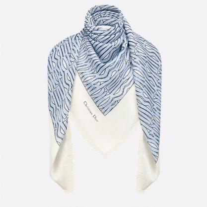 DIOR MISS  DIOR ALLOVER SHAWL 140 CM IN POWDER BLUE MIX WHITE SILK CASHMERE 411630