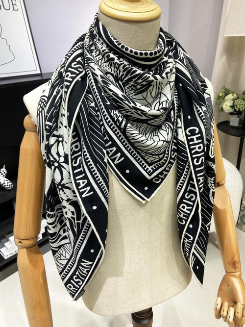 DIOR SQUARE SCARF 140 CM IN BLACK MIX WHITE MONOGRAM WOOL AND SILK 415109
