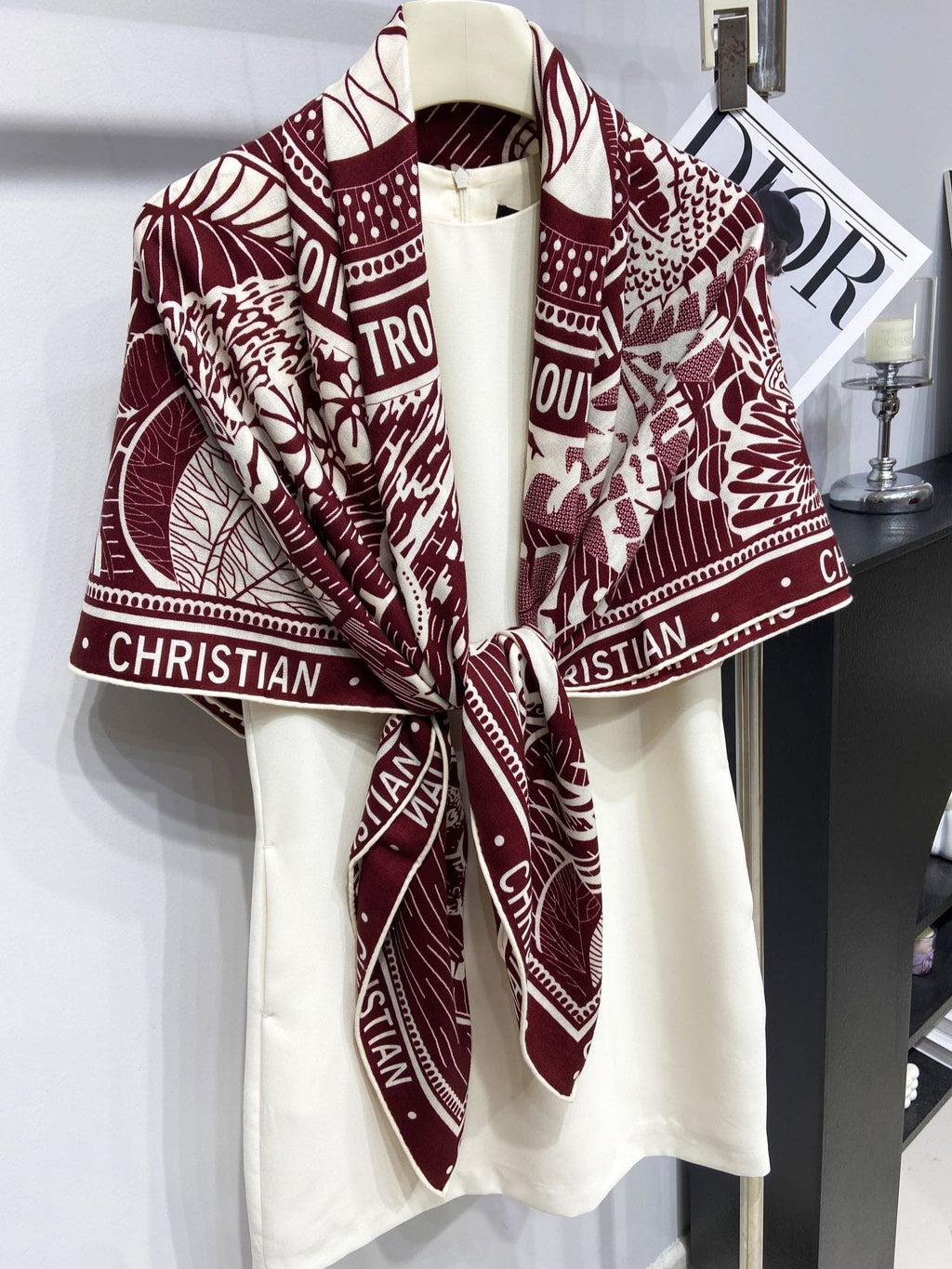 DIOR SQUARE SCARF 140 CM IN MAROON RED MIX WHITE MONOGRAM WOOL AND SILK 415110