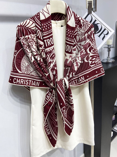 DIOR SQUARE SCARF 140 CM IN MAROON RED MIX WHITE MONOGRAM WOOL AND SILK 415110
