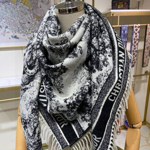 DIOR SQUARE SCARF 140 CM IN BLACK MIX WHITE MONOGRAM CASHMERE AND WOOL 416918