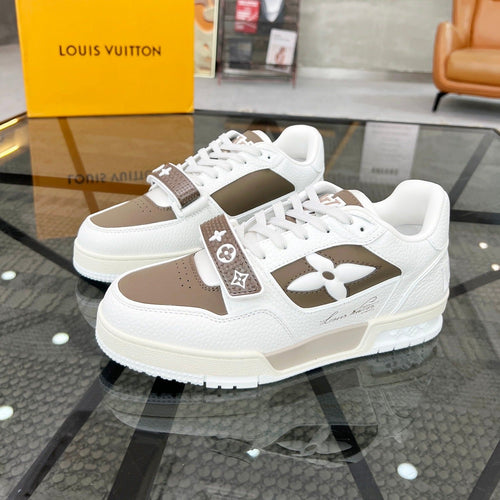 Louis Vuitton TRAINER SNEAKER WHITE CALFSKIN MIX CAMEL BEIGE SUEDE