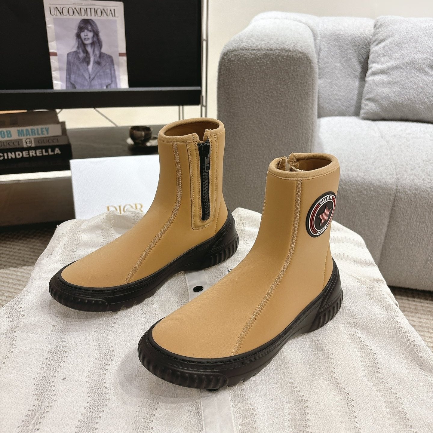 DIOR Ankle Boots Yellow Beige Elastic Fabric