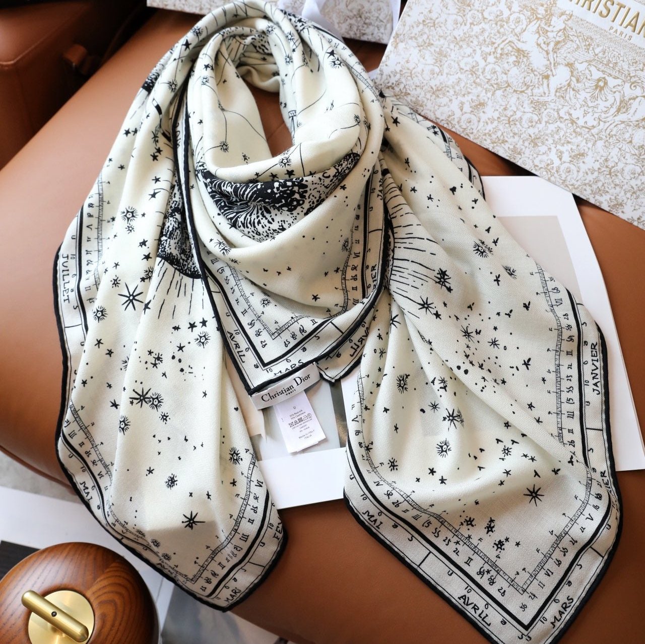 DIOR SQUARE SCARF 140 CM IN WHITE MIX BLACK MONOGRAM SILK 393135
