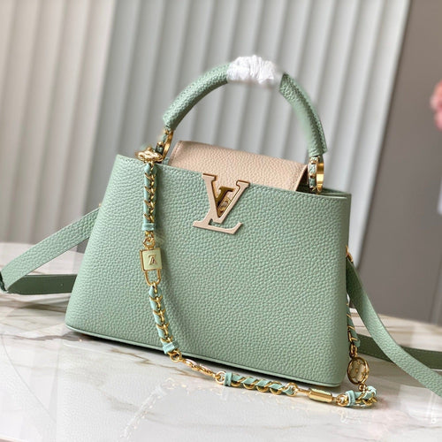 Louis Vuitton capucines bb 27 green beige taurillon leather gold hardware