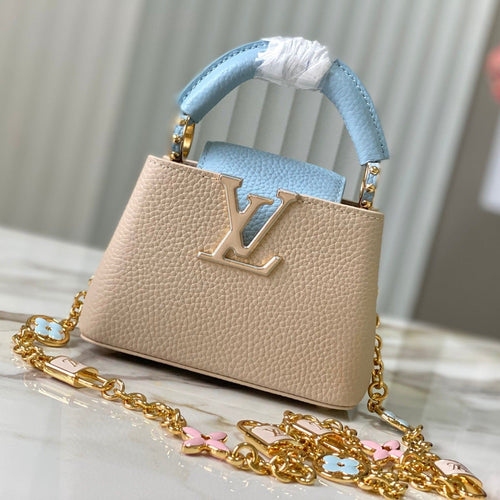 Louis Vuitton capucines nano 16 beige cloud blue taurrilon leather gold hardware