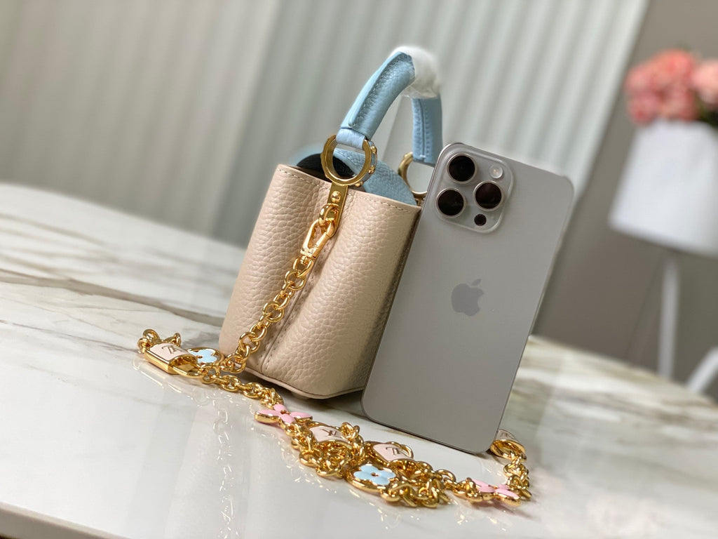 Louis Vuitton capucines nano 16 beige cloud blue taurrilon leather gold hardware