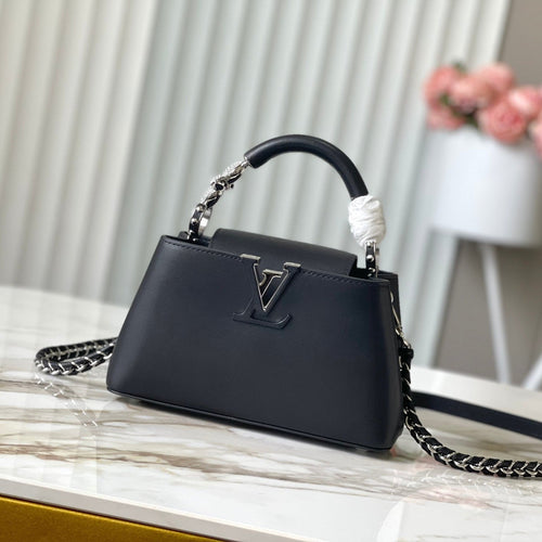 Louis Vuitton CAPUCINES EAST-WEST MINI 22 IN BLACK SHEEPSKIN CRYSTAL AND SILVER HARDWARE