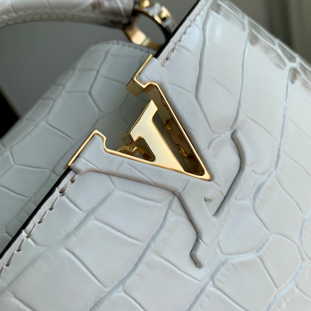 Louis Vuitton CAPUCINES MINI 21 WHITE GREY CROCODILE EMBOSSED CALFSKIN GOLD HARDWARE