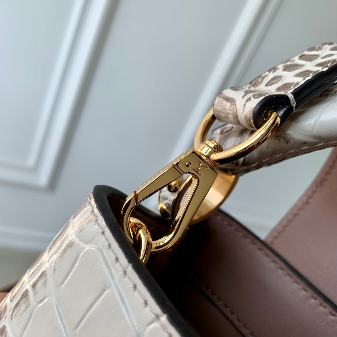 Louis Vuitton CAPUCINES MINI 21 WHITE GREY CROCODILE EMBOSSED CALFSKIN GOLD HARDWARE