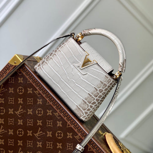Louis Vuitton CAPUCINES MINI 21 WHITE GREY CROCODILE EMBOSSED CALFSKIN GOLD HARDWARE