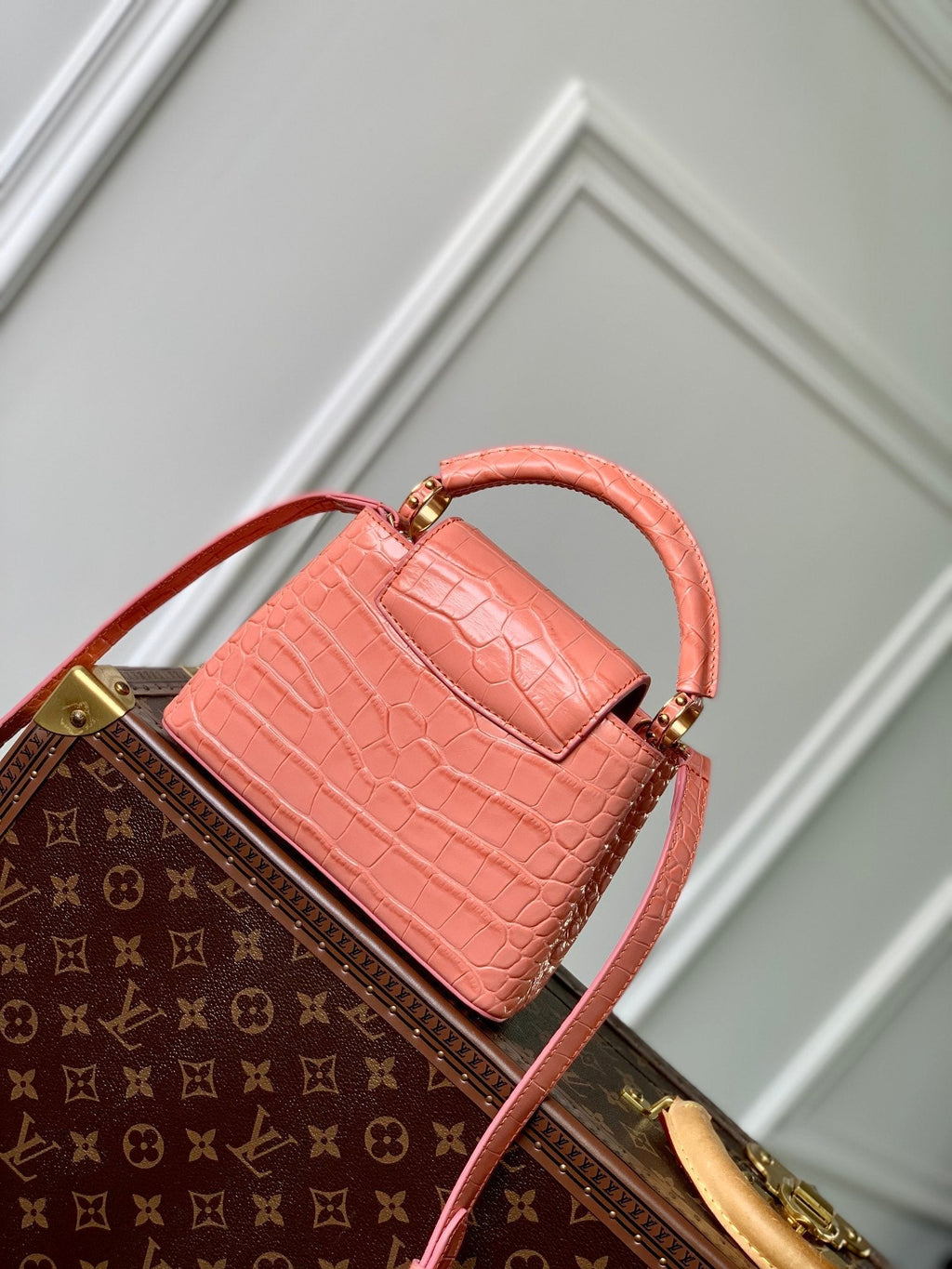 Louis Vuitton CAPUCINES MINI 21 PINK ORANGE CROCODILE EMBOSSED CALFSKIN GOLD HARDWARE