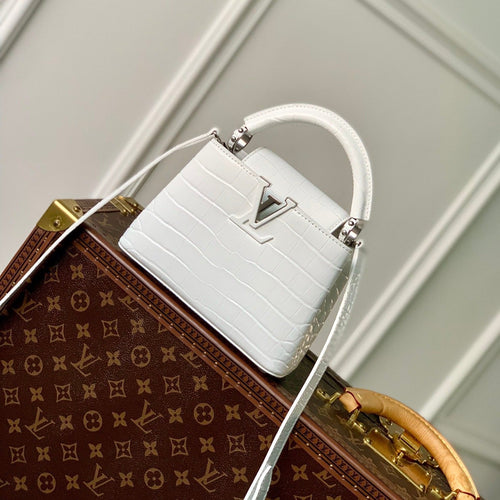 Louis Vuitton CAPUCINES MINI 21 WHITE CROCODILE EMBOSSED CALFSKIN SILVER HARDWARE