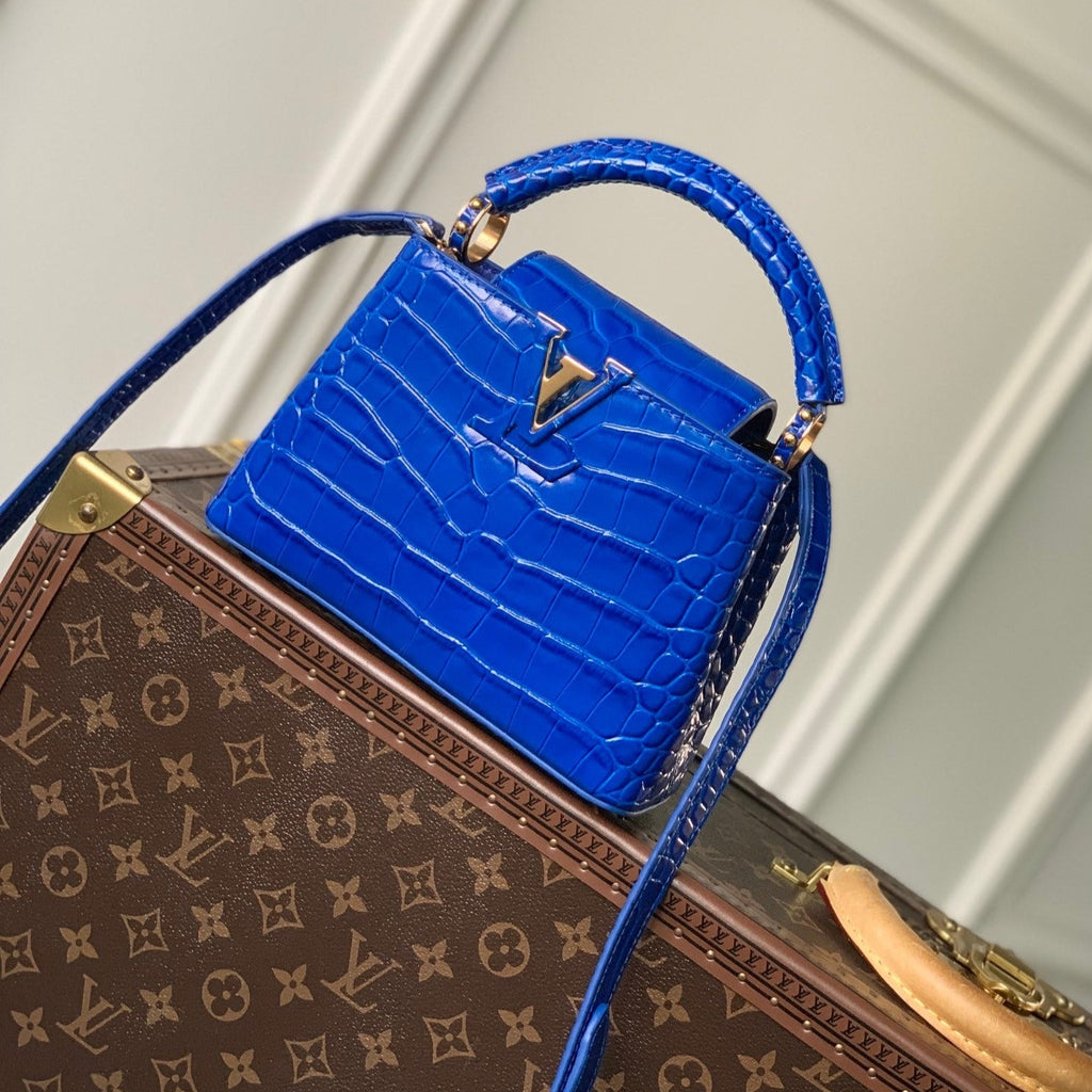 Louis Vuitton CAPUCINES MINI 21 COBALT BLUE CROCODILE EMBOSSED CALFSKIN GOLD HARDWARE