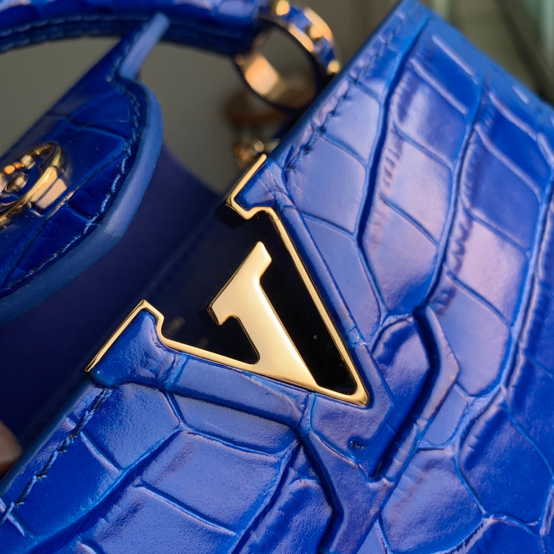 Louis Vuitton CAPUCINES MINI 21 COBALT BLUE CROCODILE EMBOSSED CALFSKIN GOLD HARDWARE