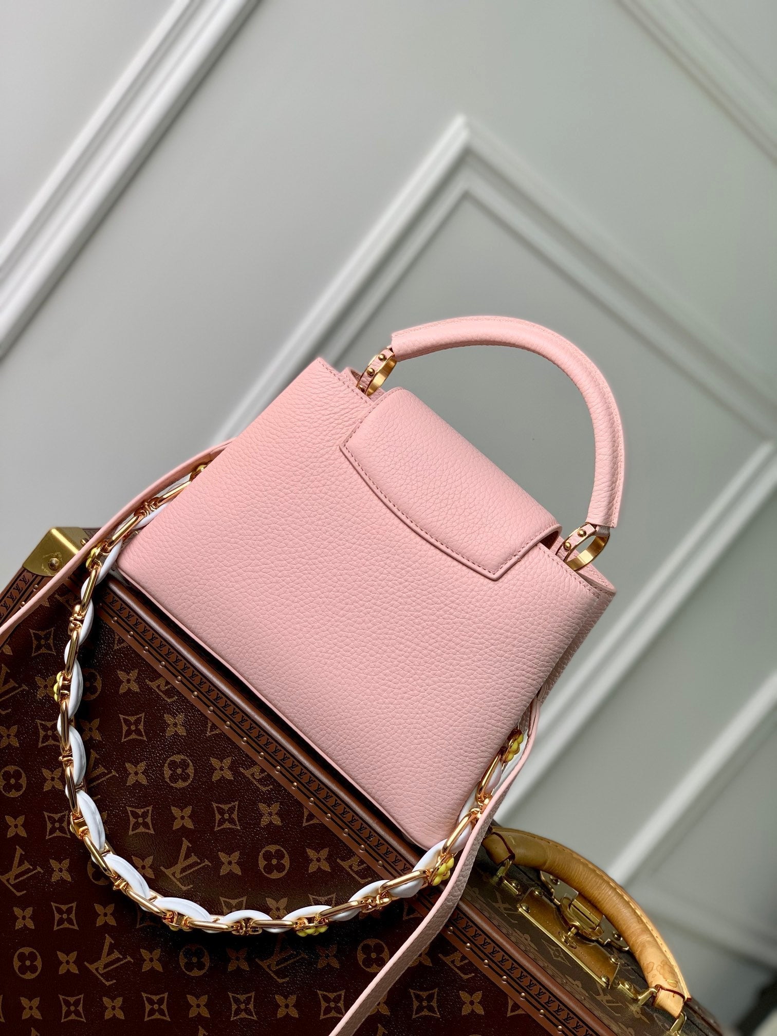 Louis Vuitton CAPUCINES BB 27 PINK TAURILLON TURQUOISE MOP GOLD HARDWARE