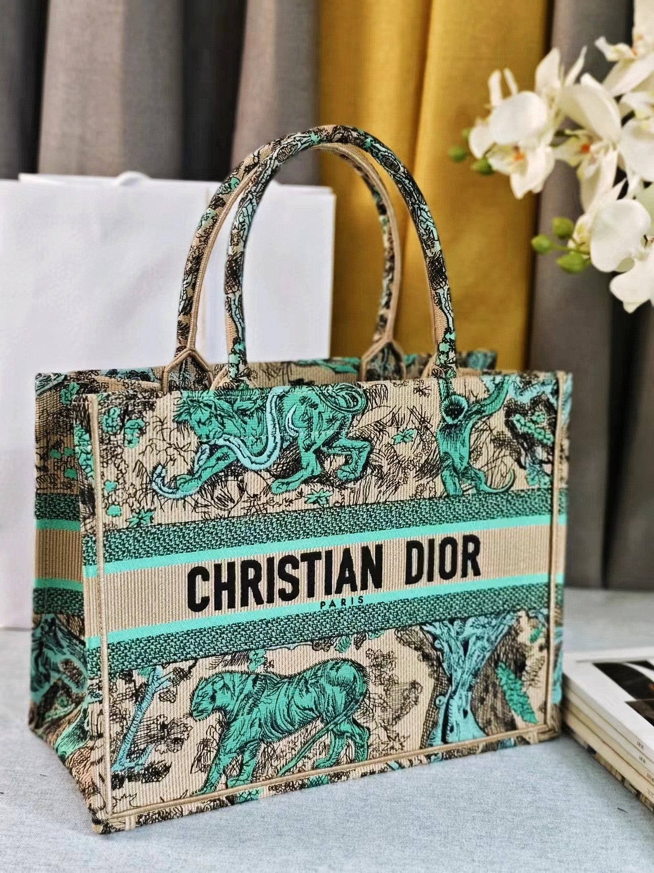 DIOR medium  DIORiviera book tote 36 tiffany blue tiger embroidery canvas