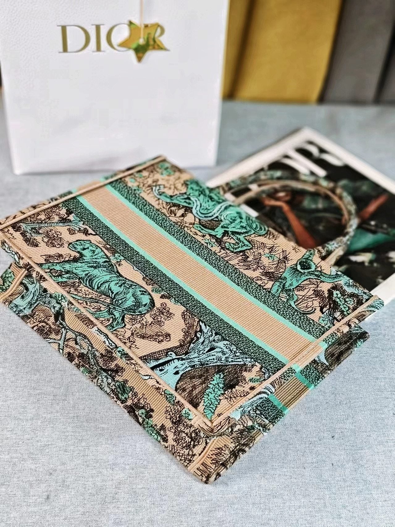 DIOR medium  DIORiviera book tote 36 tiffany blue tiger embroidery canvas