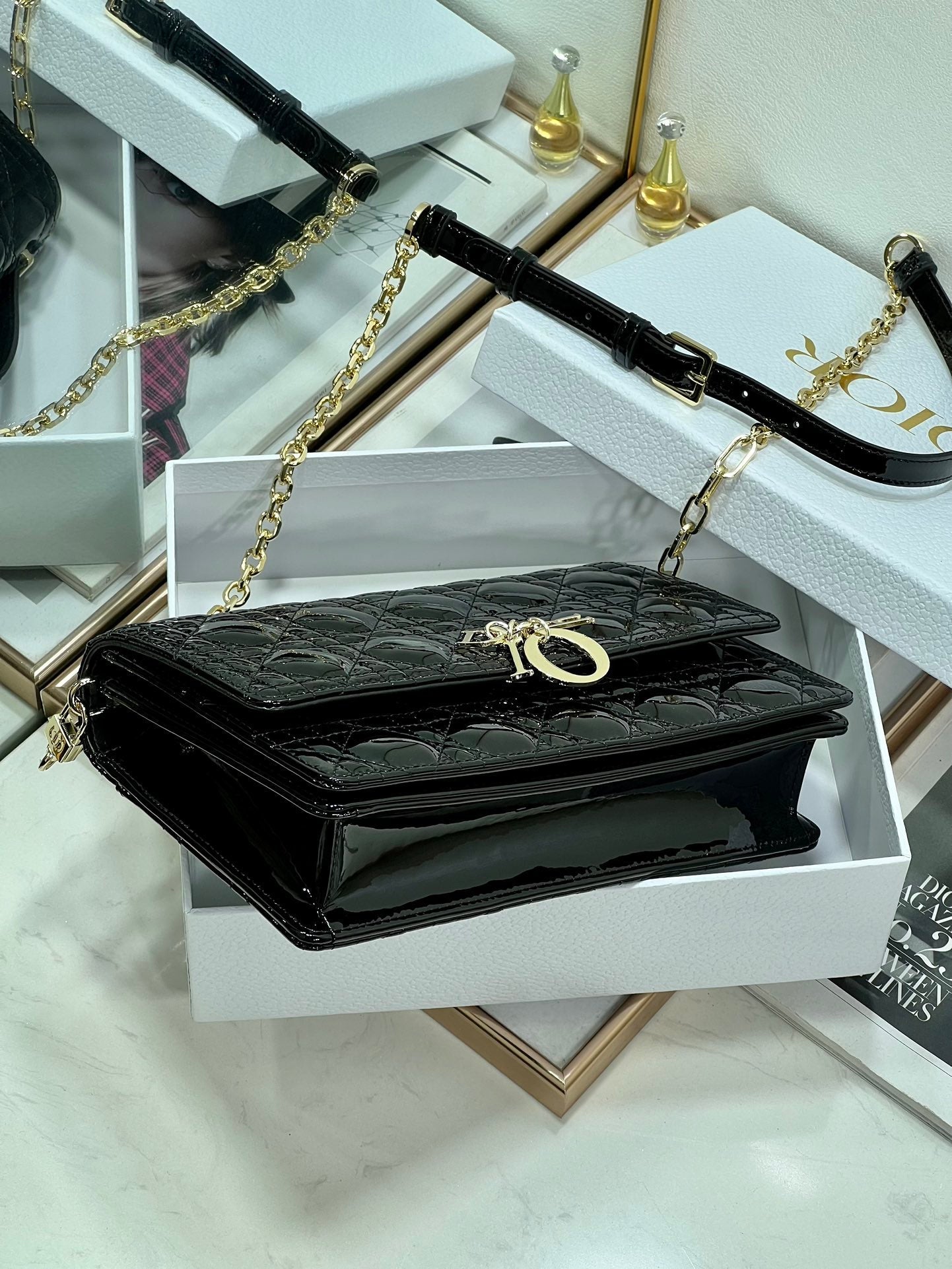DIOR MY 24 TOP HANDLE BAG BLACK PATENT LAMBSKIN