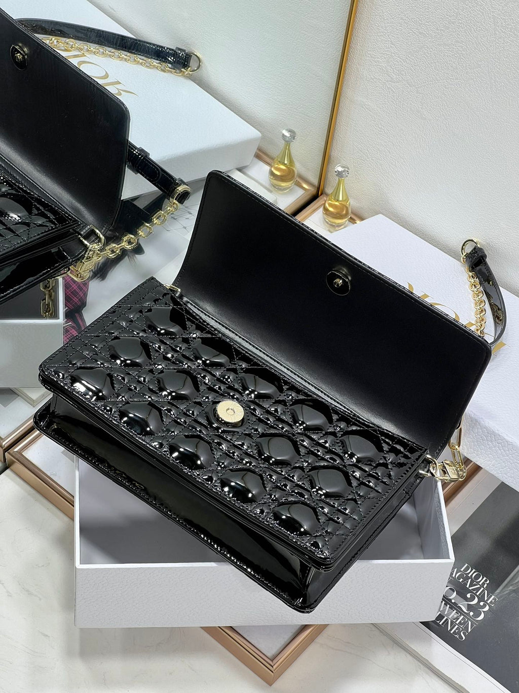DIOR MY 24 TOP HANDLE BAG BLACK PATENT LAMBSKIN