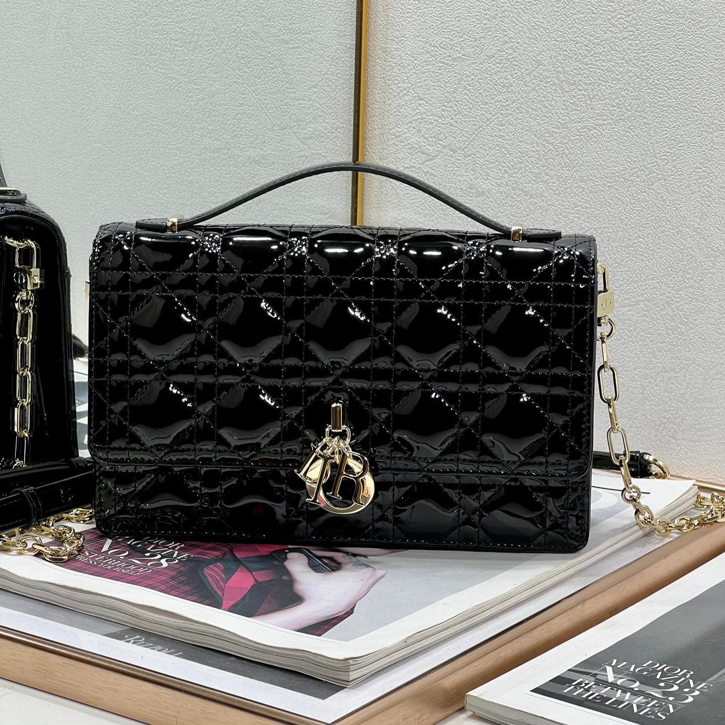 DIOR MY 24 TOP HANDLE BAG BLACK PATENT LAMBSKIN