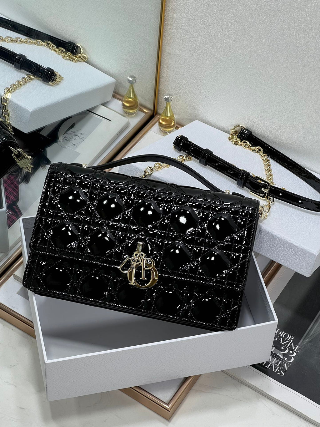 DIOR MY 24 TOP HANDLE BAG BLACK PATENT LAMBSKIN