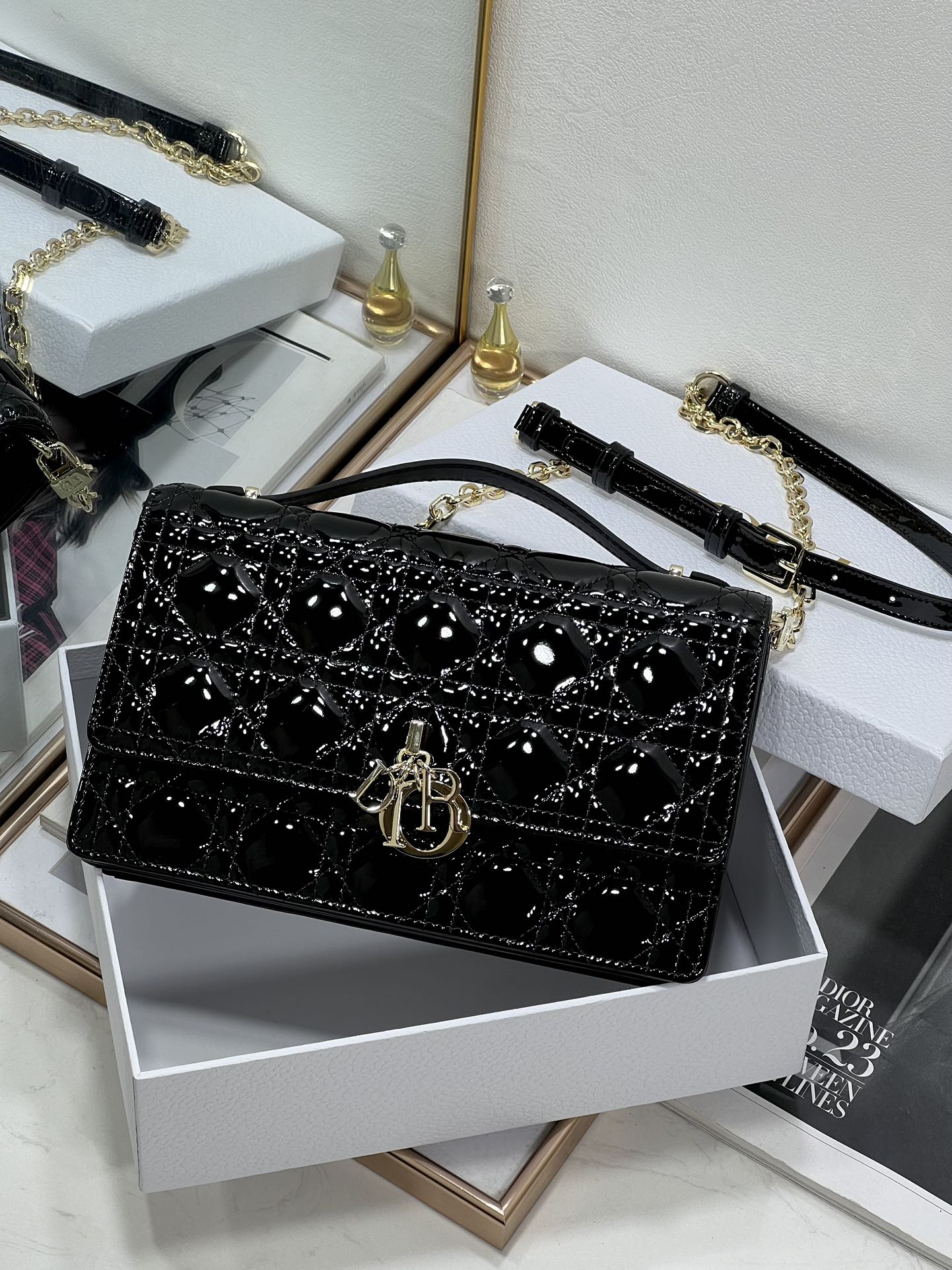 DIOR MY 24 TOP HANDLE BAG BLACK PATENT LAMBSKIN