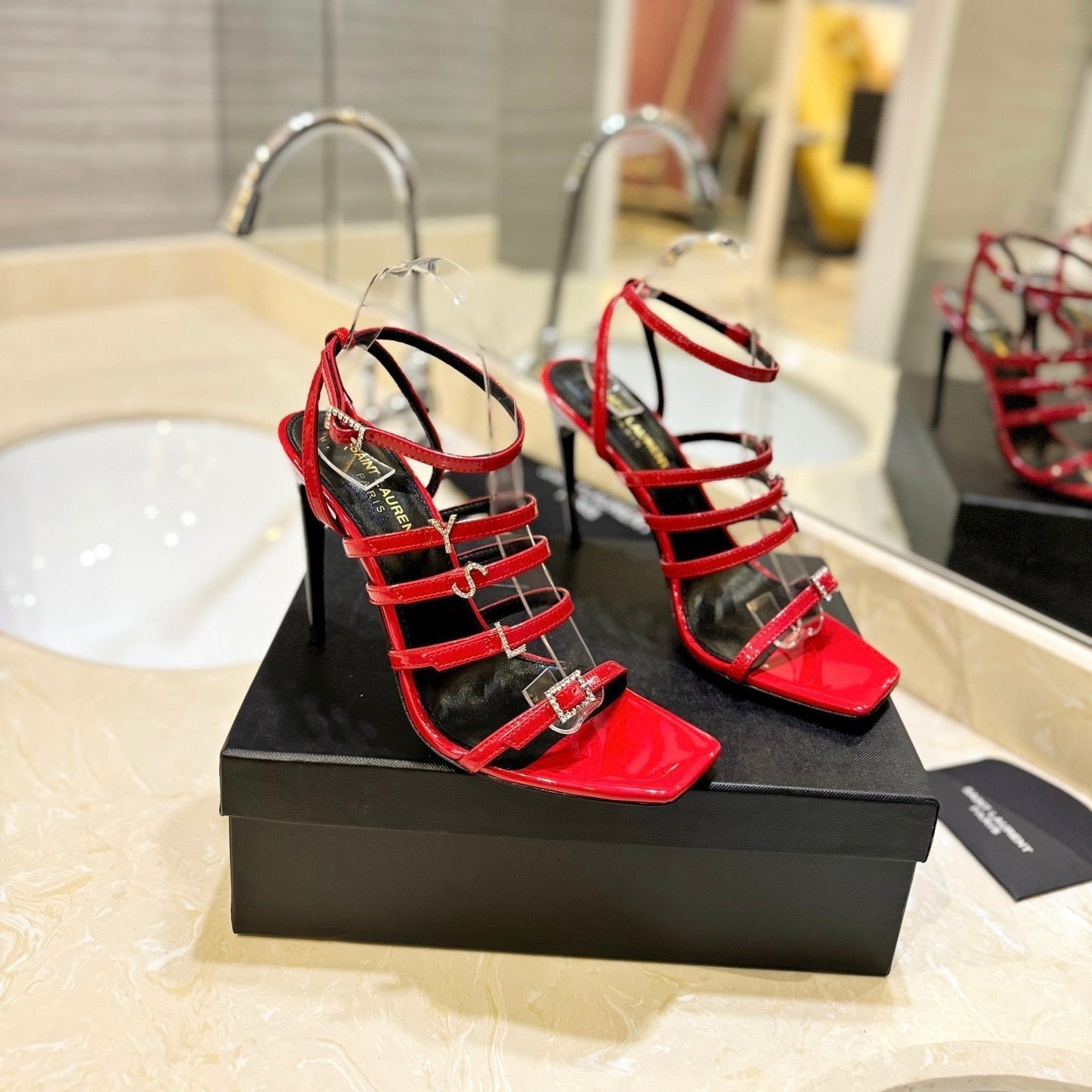Saint Laurent SL JERRY HEELED SANDALS RED POLISHED CALFSKIN